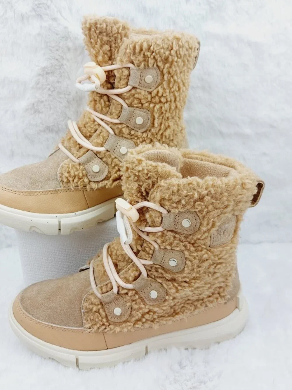 Sorel Explorer Cozy Youth Girl's Tan Canoe Chalk Lace-Up Winter Boots Size US 2